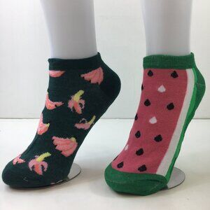 Womens Ankle Socks Set 2 Banana Watermelon Print Black Pink Green White Yellow